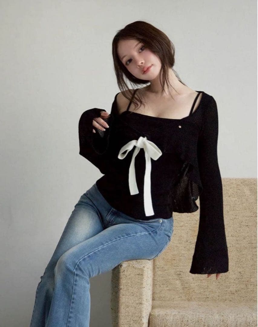 andmary Emma knit flare cardigan set 黒