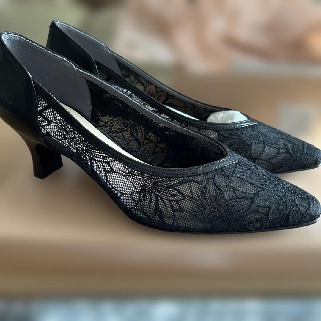 Riz ブラックレースパンプス 23.5cm EE