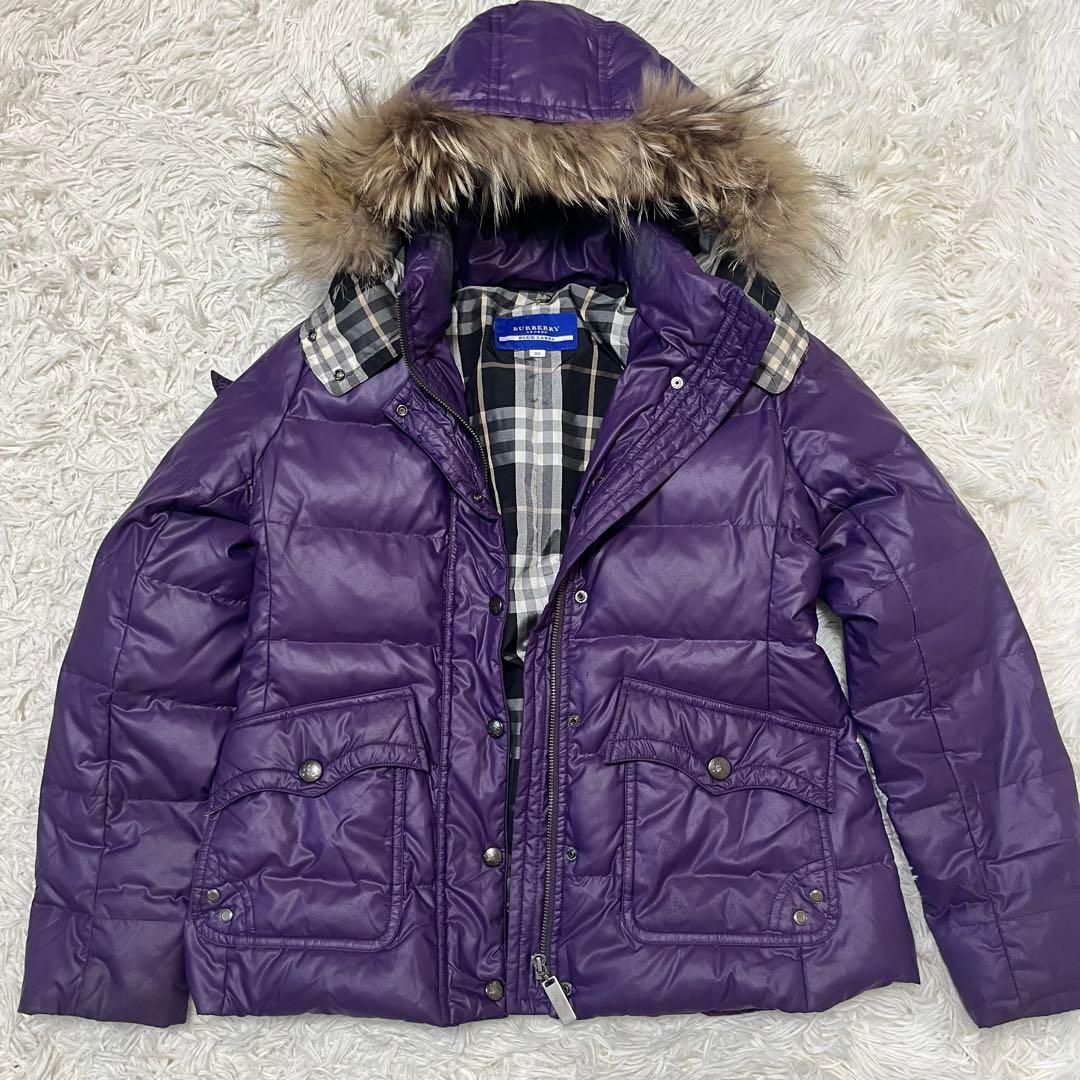 バーバリーブルーレーベル ダウンジャケット タヌキファー ノバチェック パープル