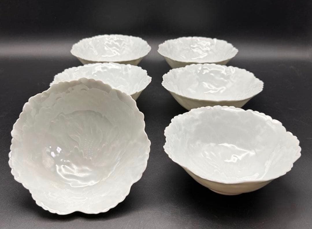 【希少品】樋口一星　白磁　牡丹　中鉢 6客