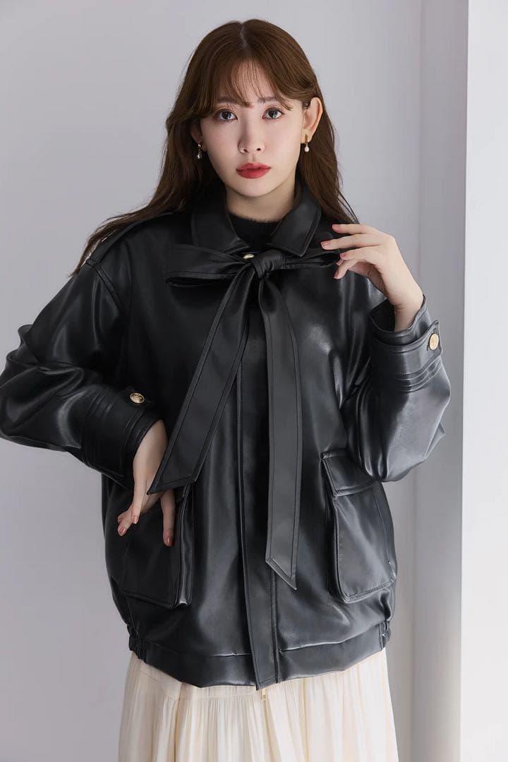 ジャケット・アウター Ribbon-Tie Faux Leather Jacket