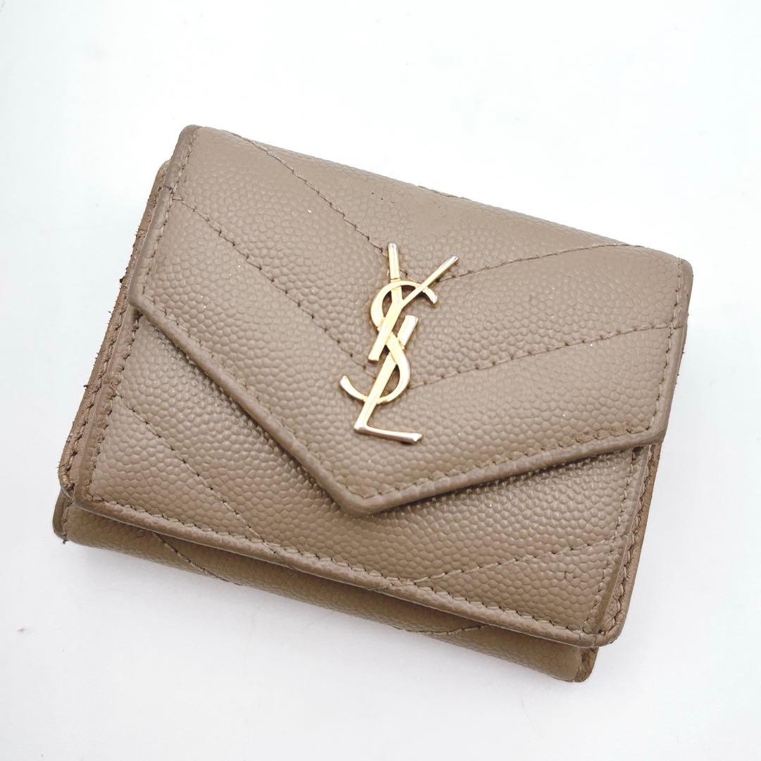 YSL イヴサンローラン レザー 三つ折り財布 ベージュ