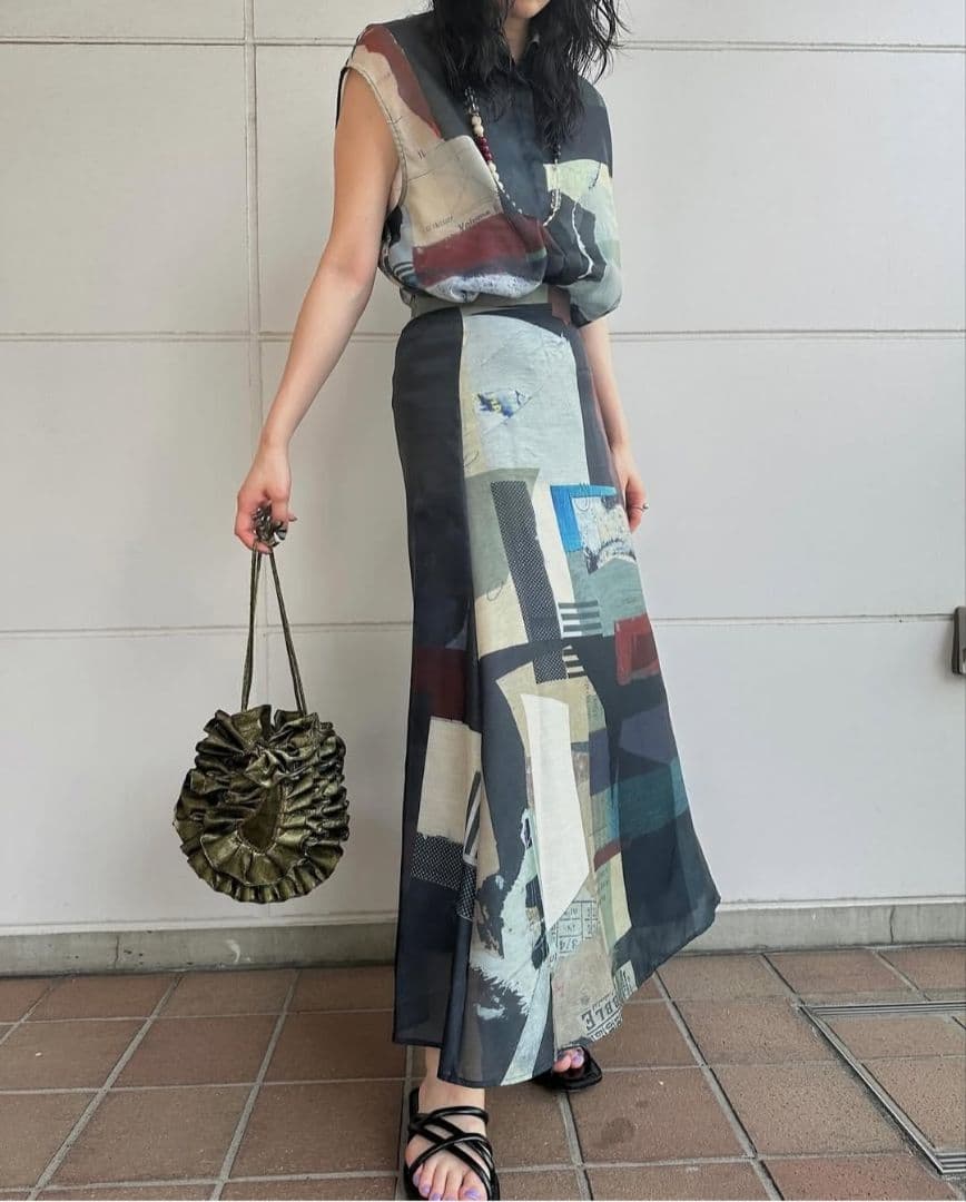 スカート Ameri ART COLLAGE PRINT SHEER SKIRT