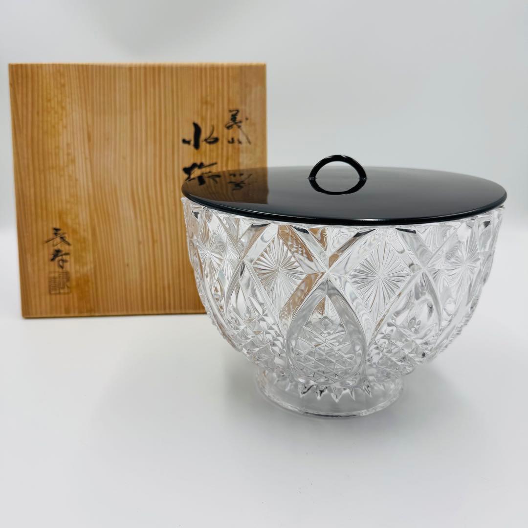 【水崎長寿　義山水指　ガラス　茶道具　共箱】董ギヤマン　アンティーク　インテリア