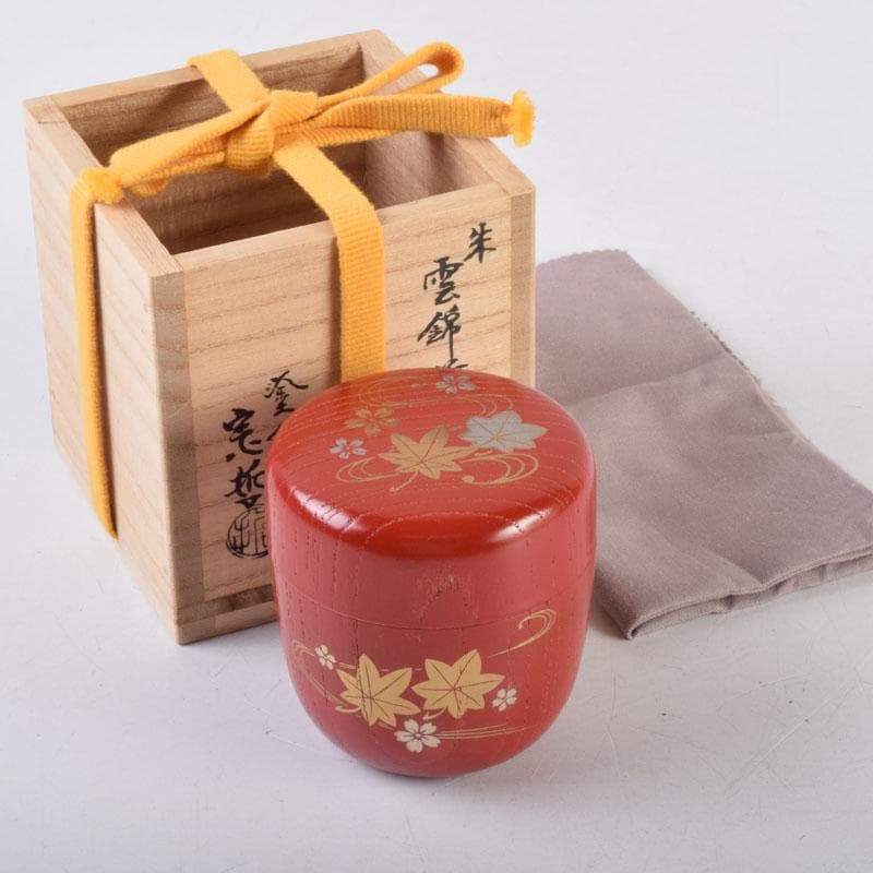 茶道具　朱塗　花草蒔絵　中棗　表千家即中斎花押　合わせ箱　V　8741