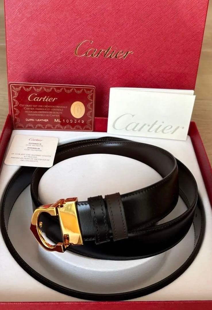 Cartier 黒 レザー ベルト ゴールドバックル