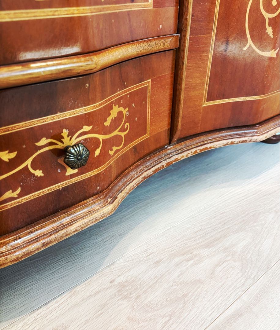 高級イタリア製 家具 ヨーロピアン 丸脚5段チェスト アンティーク象嵌細工 収納