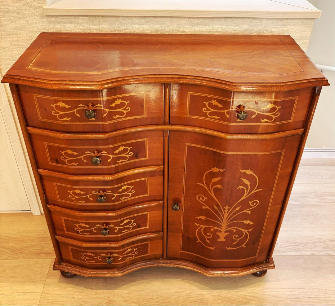 高級イタリア製 家具 ヨーロピアン 丸脚5段チェスト アンティーク象嵌細工 収納