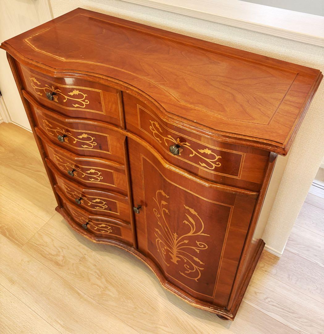 高級イタリア製 家具 ヨーロピアン 丸脚5段チェスト アンティーク象嵌細工 収納