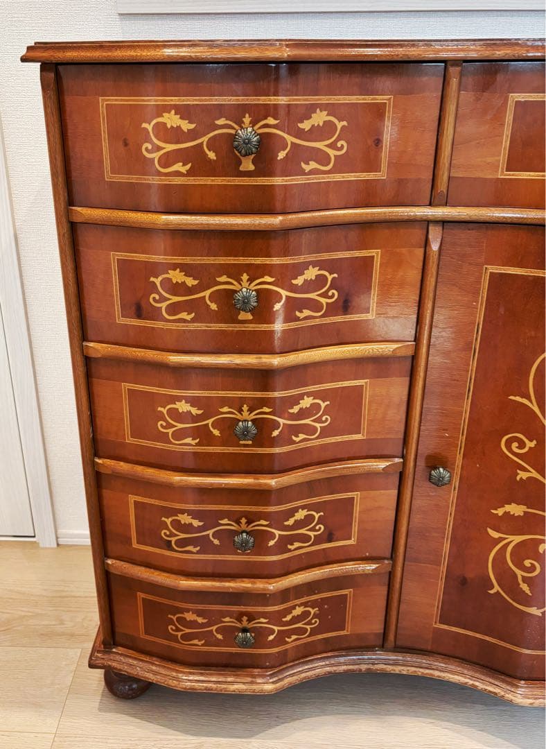高級イタリア製 家具 ヨーロピアン 丸脚5段チェスト アンティーク象嵌細工 収納