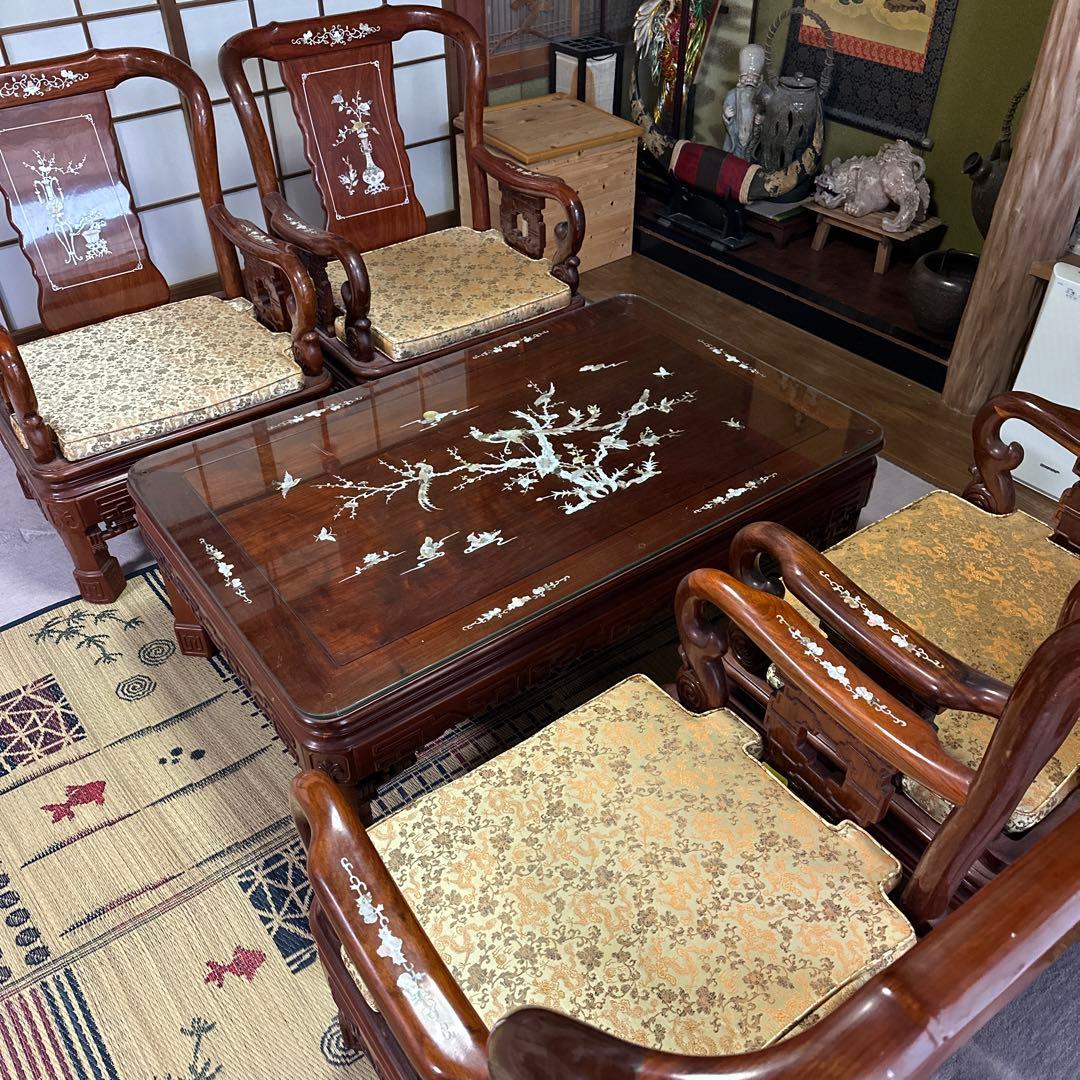螺鈿細工　骨董品　応接　テーブル　イス　5点セット中古品