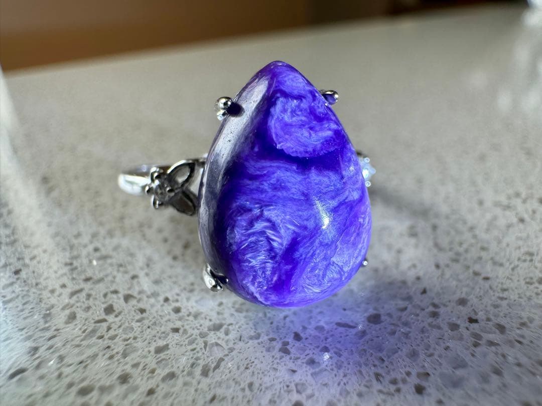 チャロアイト、アクアマリン、モアサナイトのリング