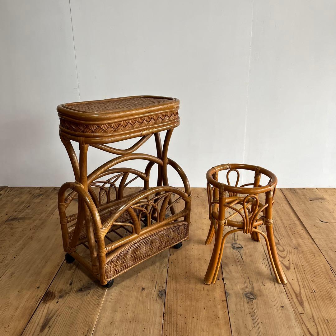 2点セット ヴィンテージ ラタン 籐 ラック 植物台 z655