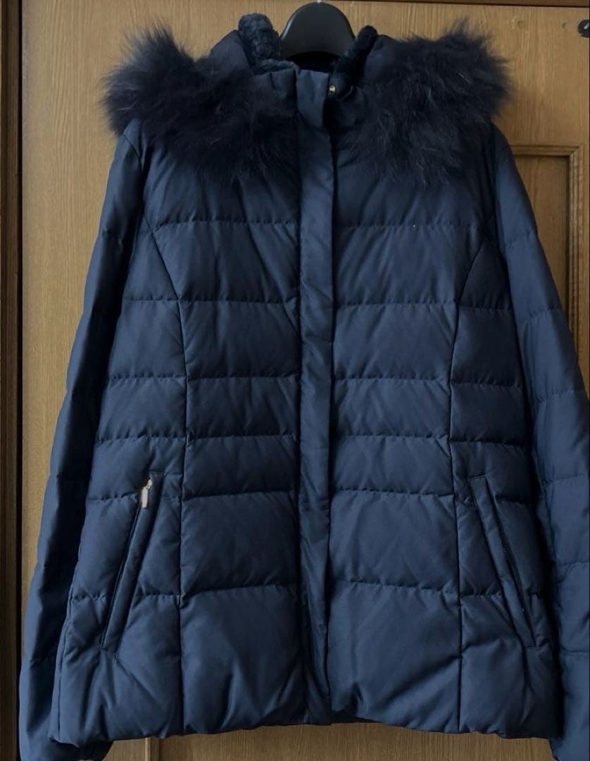 美品❣️ワールドINDIVIリアルファー付きフードダウンミドルコート／ネイビー