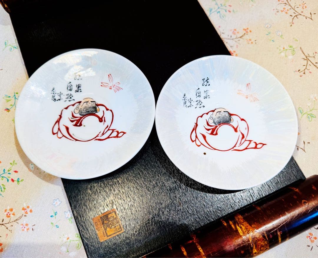 九谷焼 大判だるま皿 昭和初期 有名メーカー【鏡月】の古九谷焼