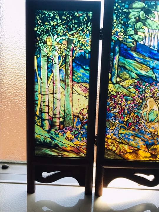 【超希少】グラスマスターズ社　森の中の小鹿三連画ステンドグラス　ティファニー