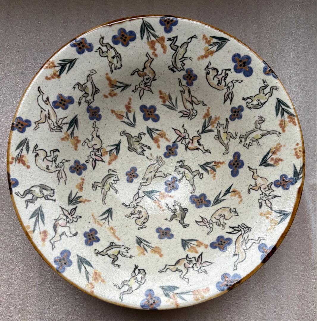 樋口早苗　深皿　鳥獣戯画風デザイン　21.5cm（7寸）　新品未使用