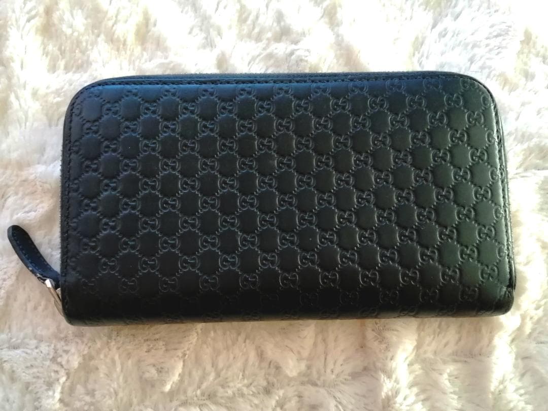 グッチ マイクロシマ GG柄 ラウンドジップ 長財布 型押し レザー ブラック