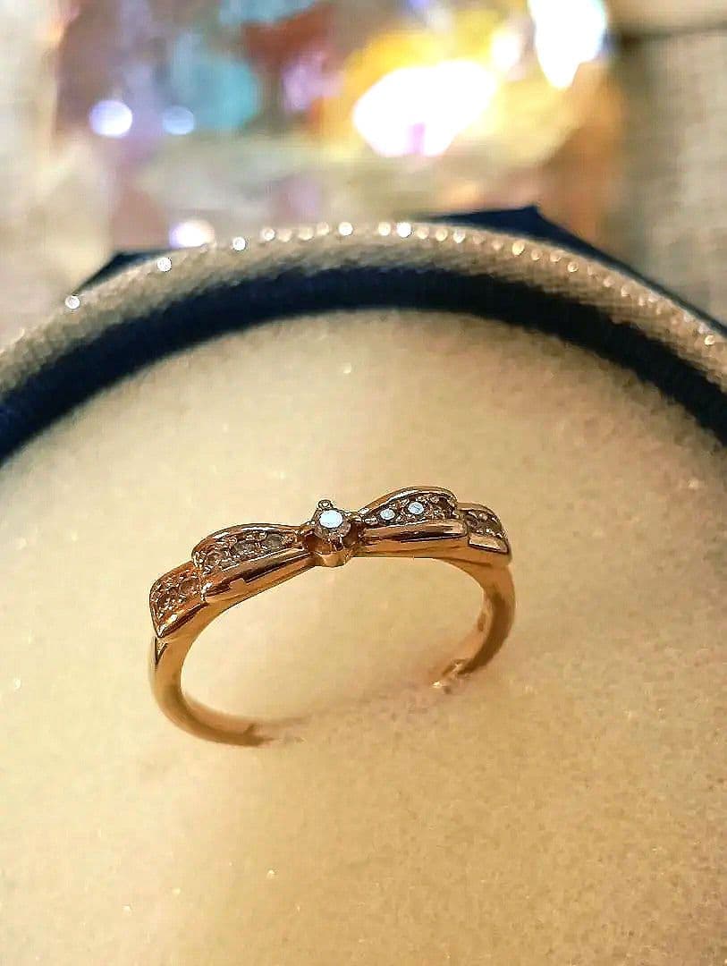 【9号】４℃リボン型ダイヤモンドピンクゴールドリングK18刻印あり