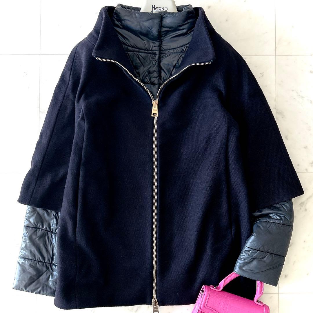 美品 ヘルノ HERNO ウール切替 ドッキング中綿コート ネイビー 42 紺