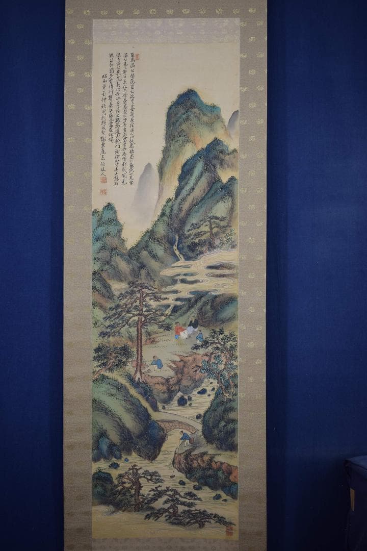 【真作】東伯/青緑山水人物画賛/掛軸☆宝船☆Y-167　JM