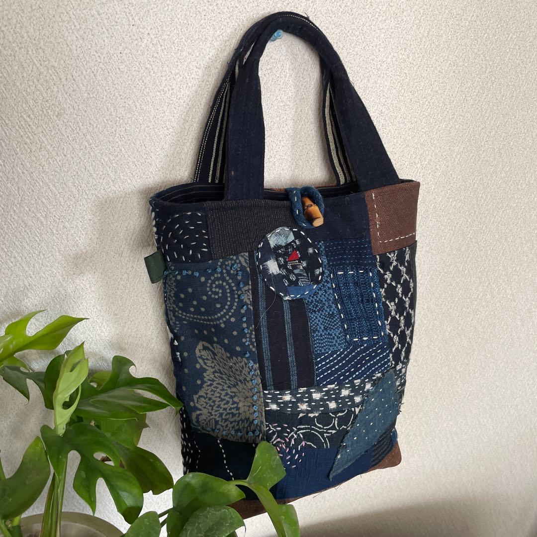 藍染　刺し子　パッチワークバッグ