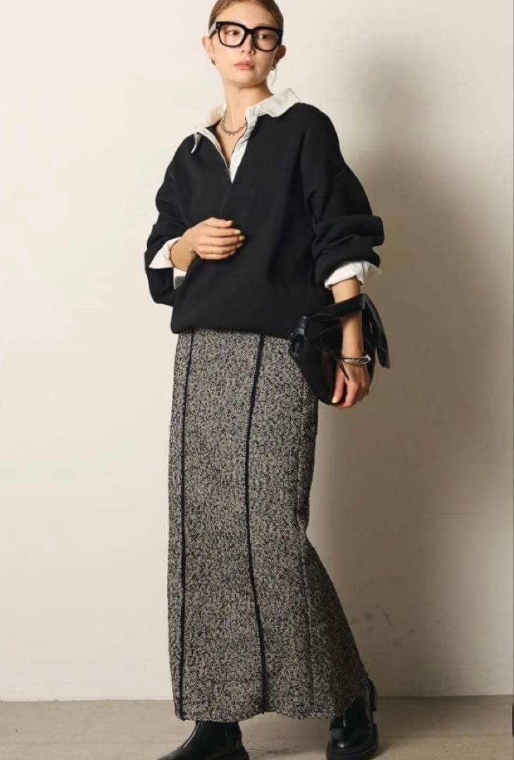 （ESICA/エシカ）襟付きポロトップス+ラインツイードワイドスカート　2set