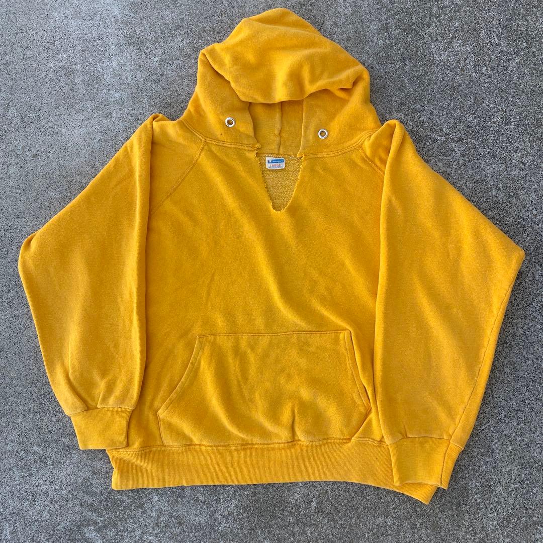 80s 70s チャンピオン バータグ パーカー 染み込み ボロ イエロー リバ