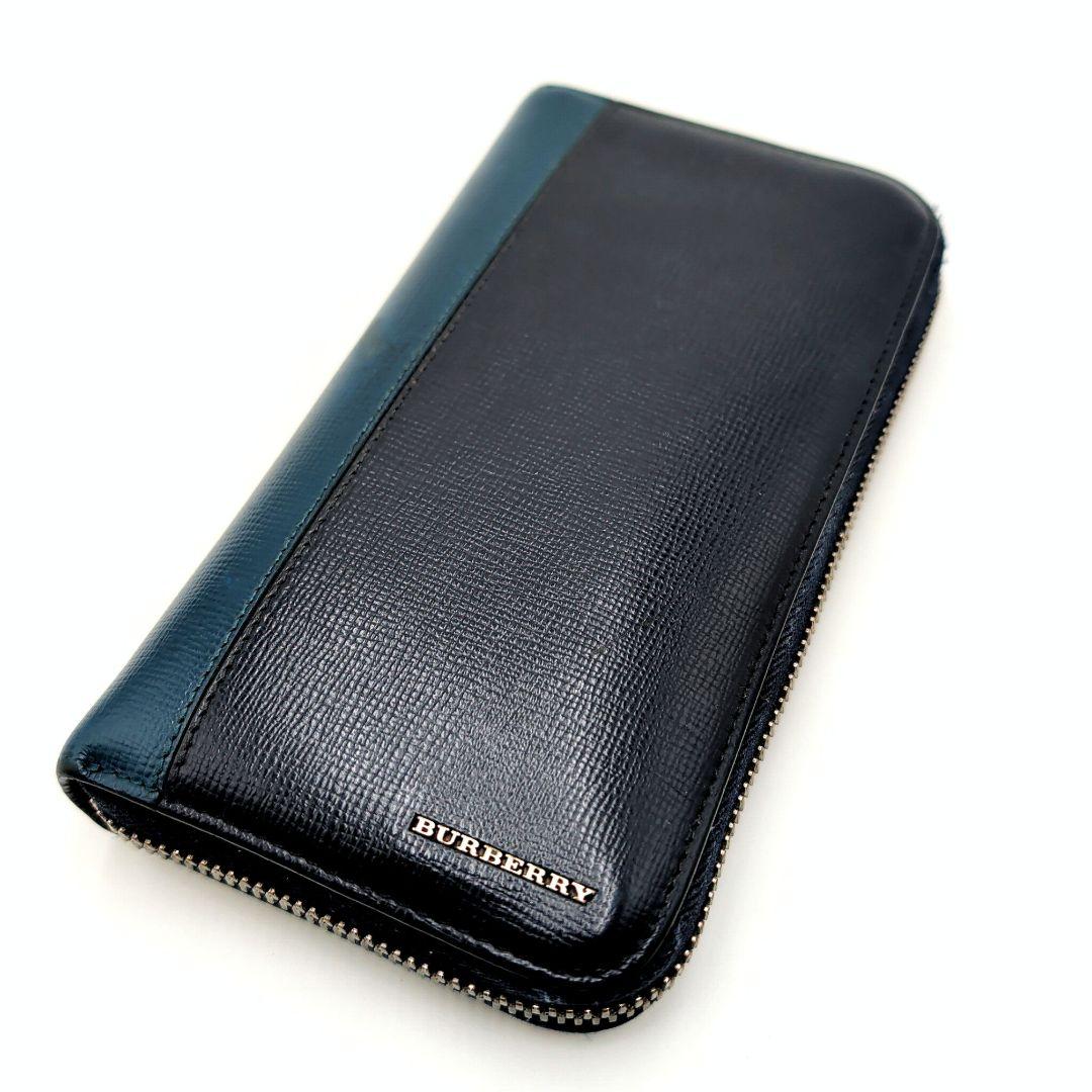 BURBERRY 長財布 バーバリー バイカラー ロゴ ネイビー 本革 ブルー