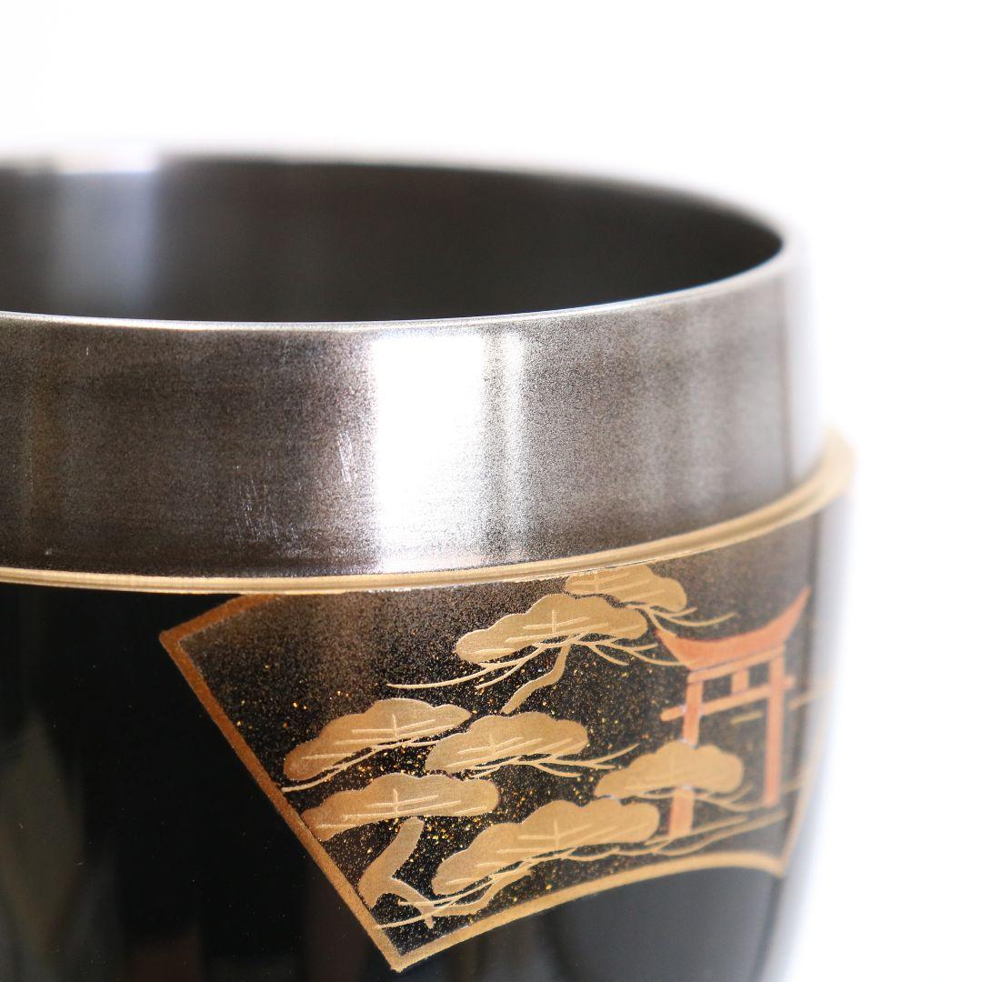 竹内幸斎作 扇面三景蒔絵 中棗 内銀溜塗 茶道具 共箱　AE631　NT9