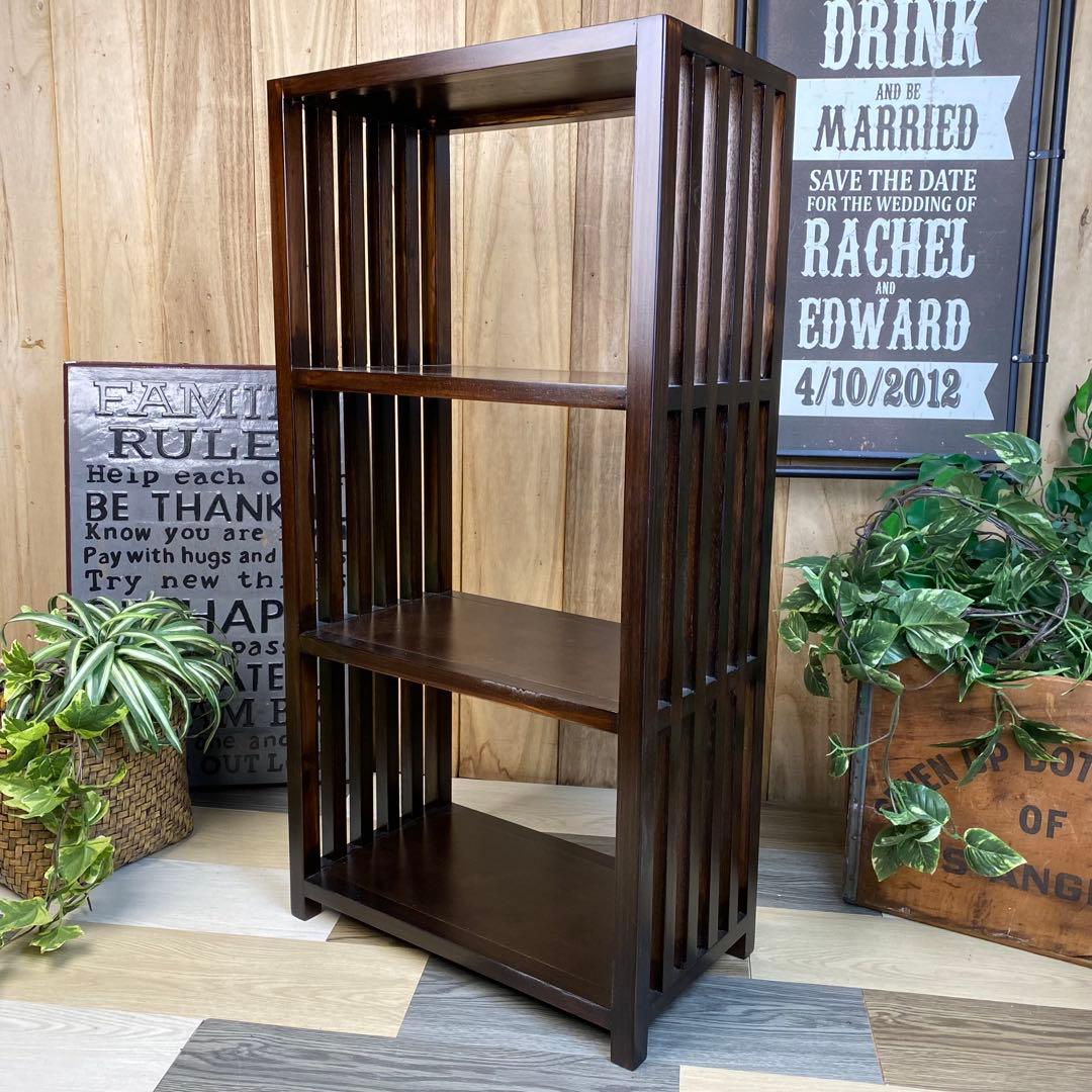 アジアンエスニック木製天然無垢材格子ラックシェルフ三段木製飾り棚和室和風