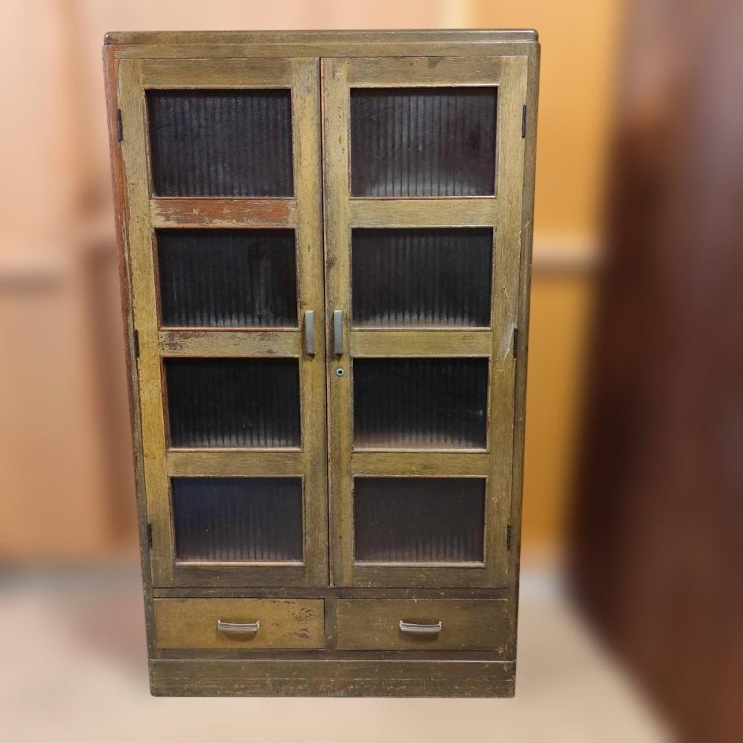 訳あり 昭和レトロ キャビネット モールガラス 収納棚 本棚 修復あり