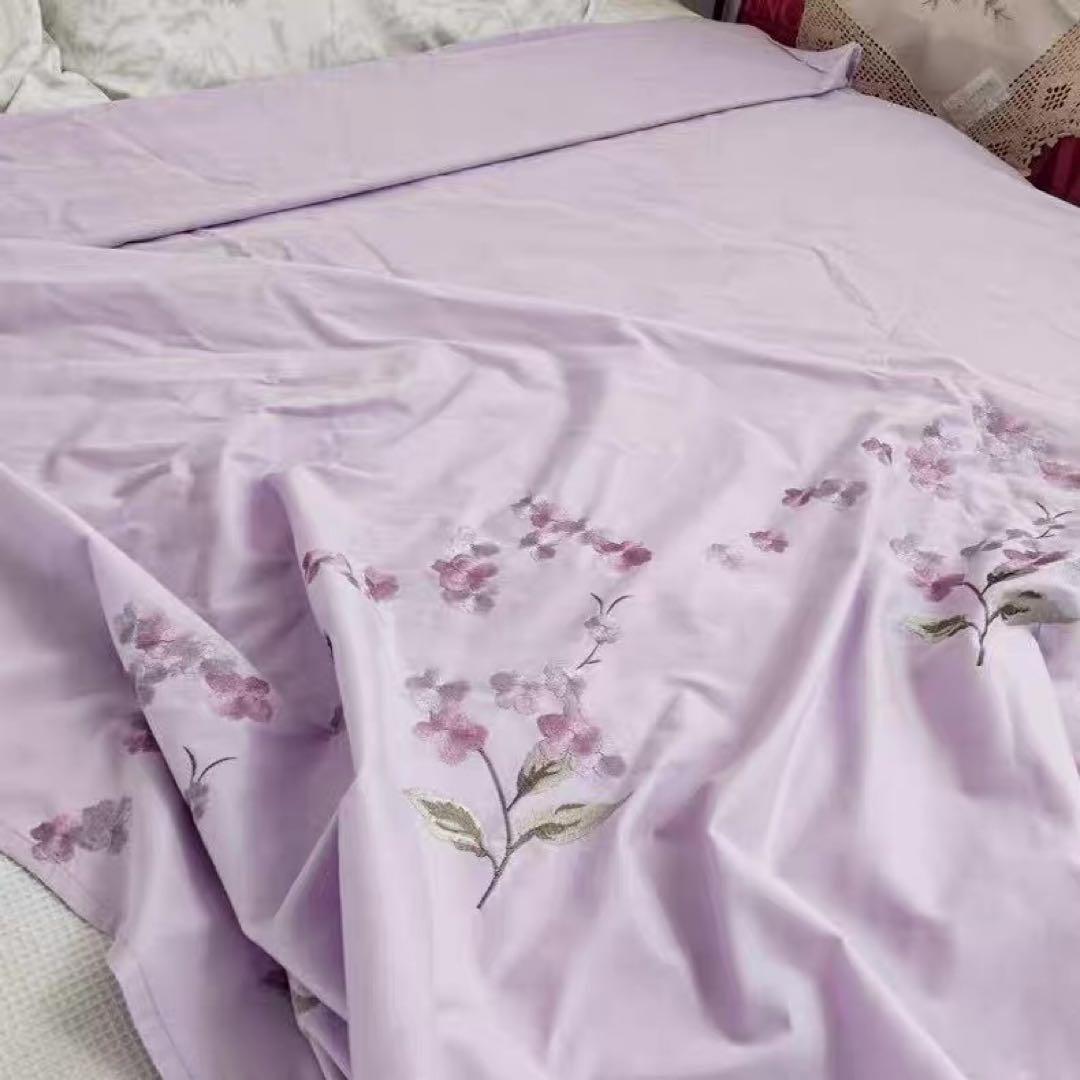 紫色100%綿花柄刺繍布団カバーシール枕カバー４点セット