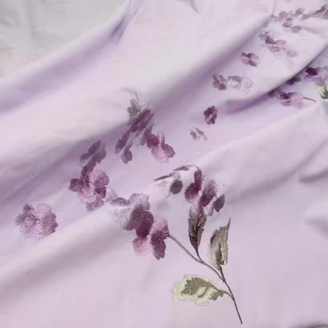 紫色100%綿花柄刺繍布団カバーシール枕カバー４点セット