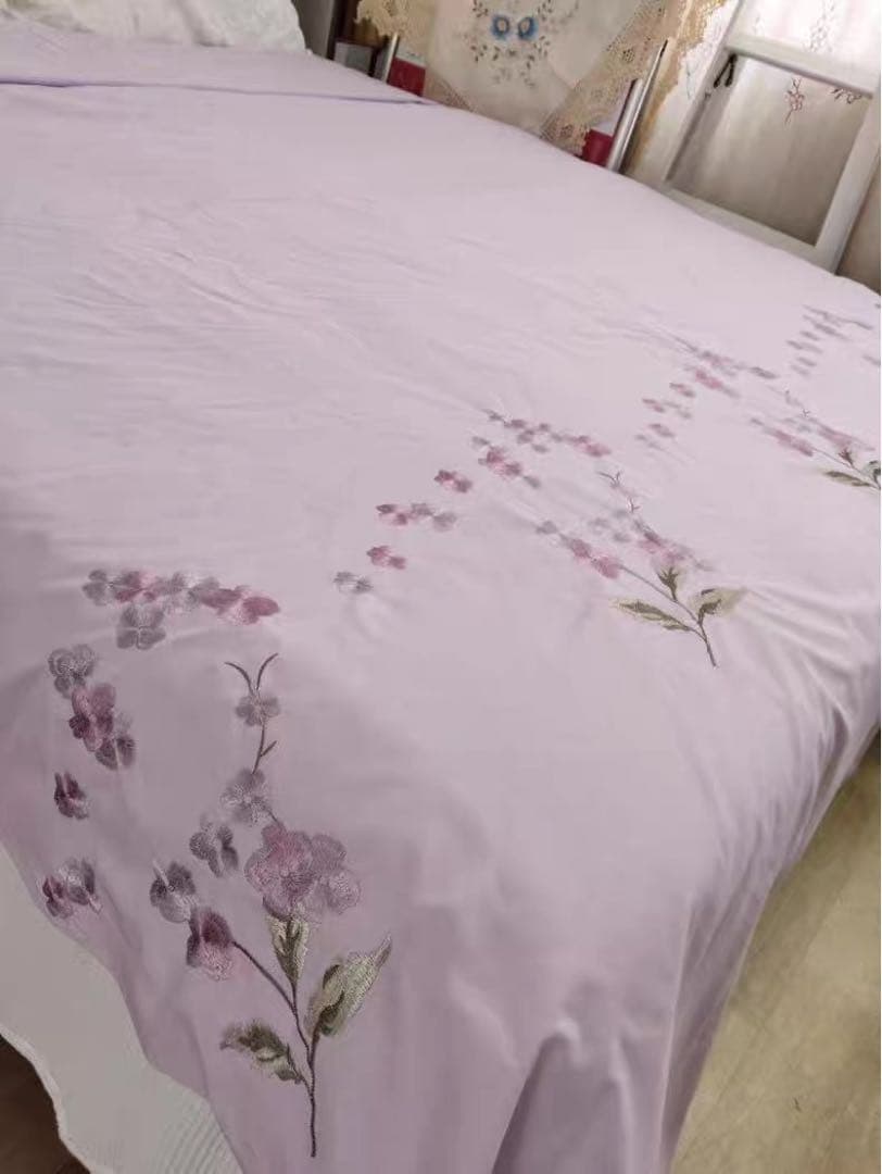 紫色100%綿花柄刺繍布団カバーシール枕カバー４点セット