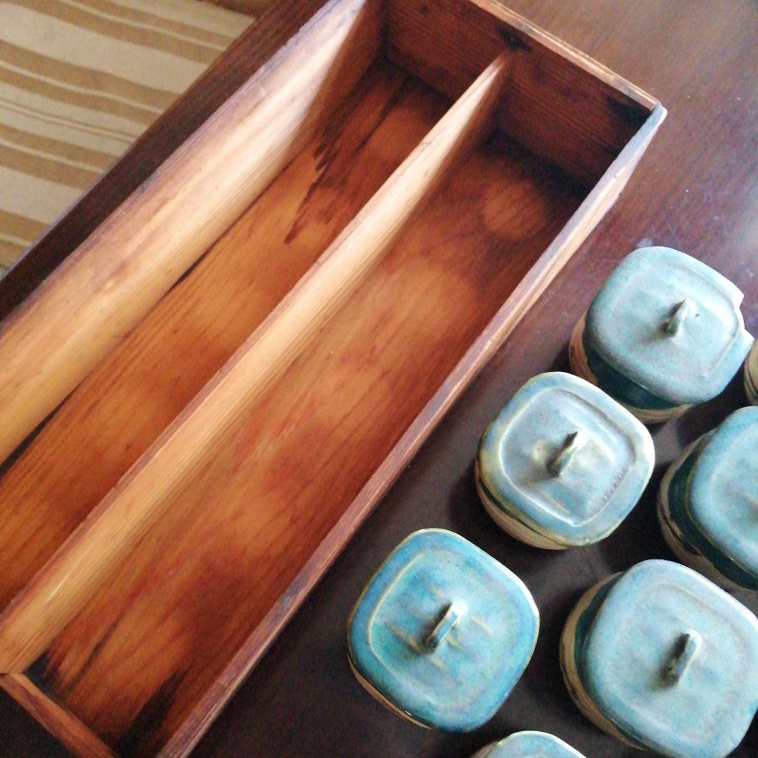 瀬戸焼　加藤作助　織部蓋付四方向付　10客　7.7cm　大正〜昭和初期