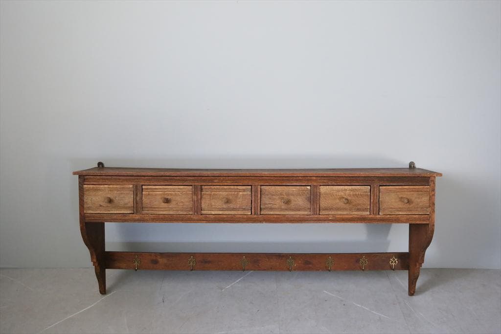 フランスアンティーク木製ウォールシェルフ/壁掛けドロワーフック飾り棚85-131