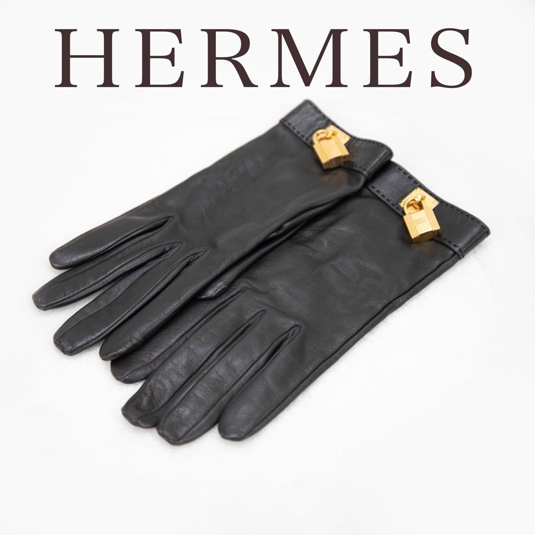 HERMES ブラックレザー手袋 ゴールド金具付き