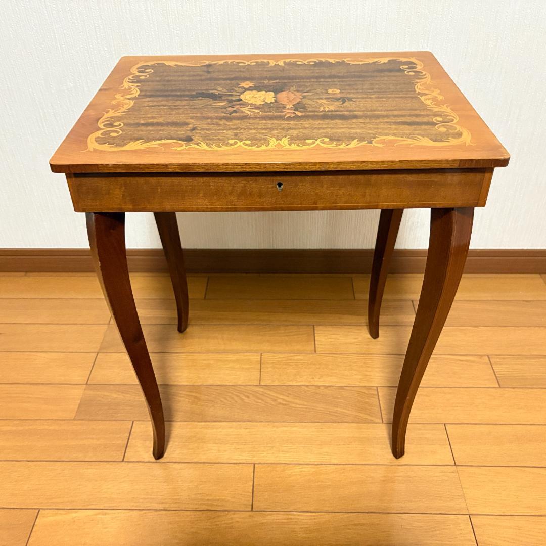 イタリア製 オルゴール付 象嵌細工サイドテーブル 帰れソレントへ アンティーク