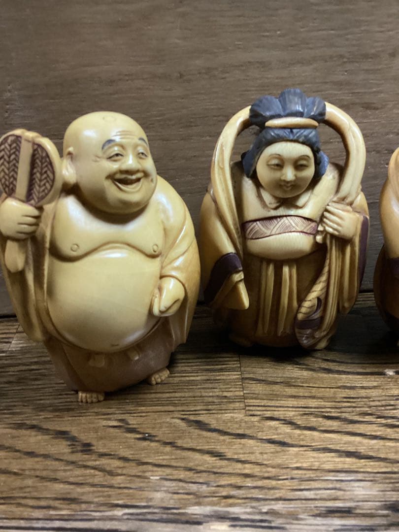 極上和彫刻　弁財天　布袋　毘沙門天白材彫刻三体　古美術品　コレクション