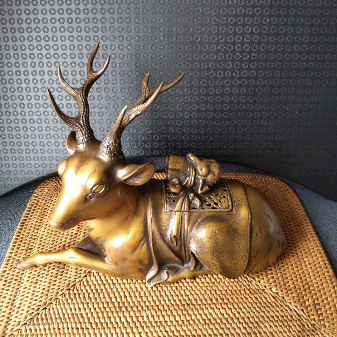 アンティーク！高岡銅器！金工師宗信造 蝋型 銅製鹿香炉！経年美品！