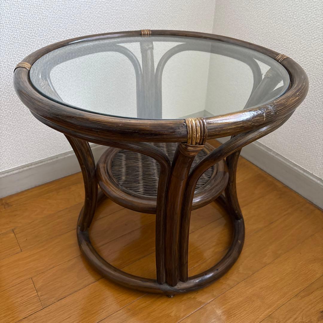 ラタン ガラステーブル 円形 籐 サイドテーブル 下段棚付き