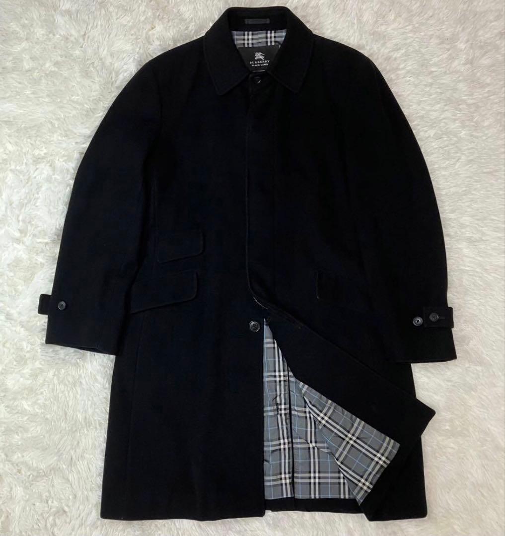 黒 ステンカラーコート チェック柄裏地