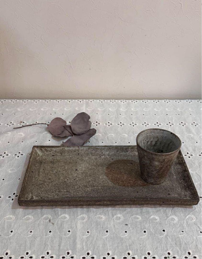 村上躍　白灰化粧プレート湯呑みセット