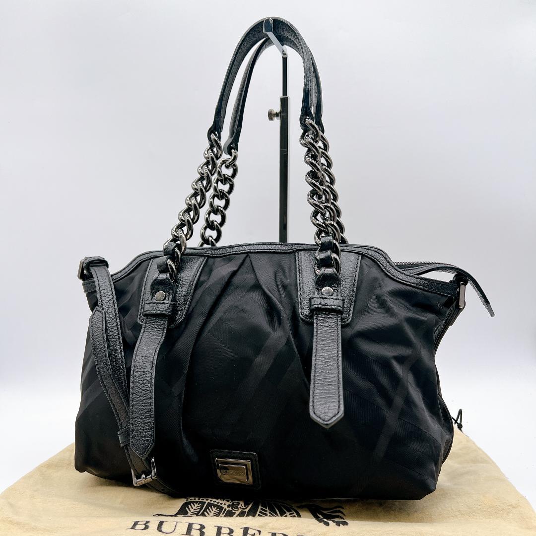 美品 BURBERRY シャドーチェック ナイロン チェーン トートバッグy10