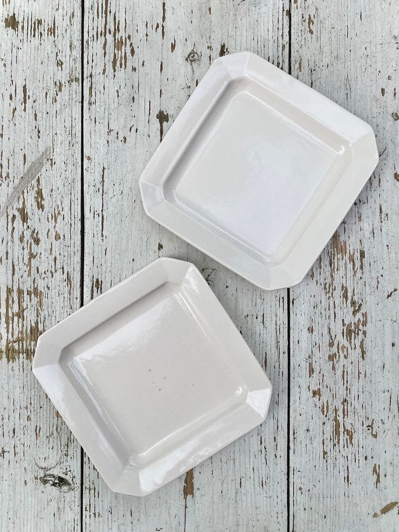 【新品未使用】岡田直人 リムスクエアプレート 角皿2枚セット(A)｜白｜作家もの