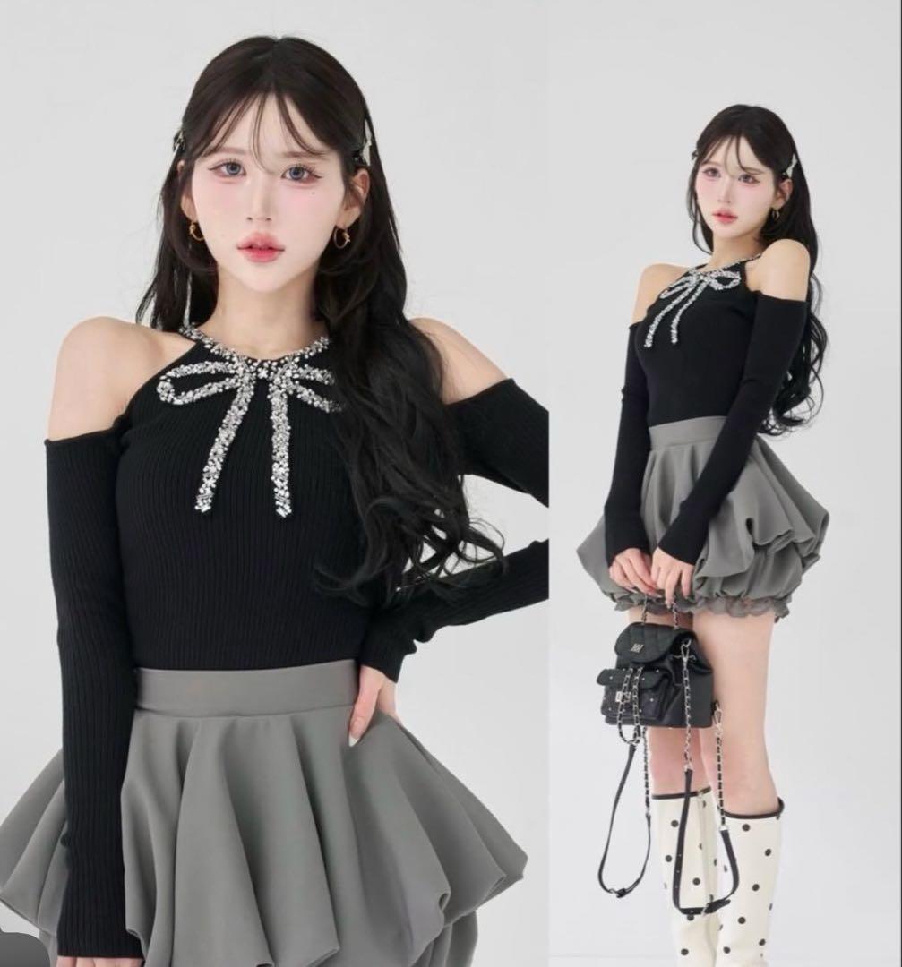 新品タグ付き ダーリッチ リボンビジューアメスリニットトップス ブラック